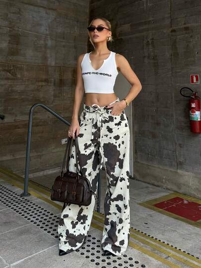 BiaLiraa 女士宽松牛奶纹插袋阔腿休闲牛仔裤