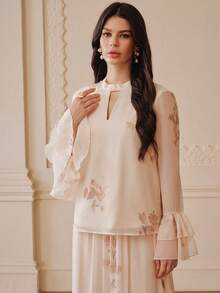 ZEYLAH FLORAL PRINT FLARE SLEEVE TOP AND RUFFLED HEM FLOWY SKIRT 2 PIECES SET - Apricot - View 5