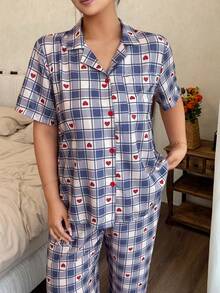 Napfluff CURVE Napfluff CURVE Plaid Print Lapel Short Sleeve & Long Pants Pajama Set, Plus Size - Multicolor - View 6
