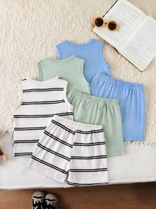 SHEIN Playful Pals 3件套男婴/男女通用婴儿幼儿新生儿0-3岁条纹纯色三件套：圆领无袖小熊刺绣背心和短裤，休闲可爱夏季亲子装 - 彩色 - 查看 2