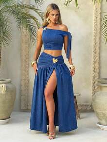 Breezaya Women's Elastic Waist Metal Decor Slit Hem Fashion Denim Skirt Holiday Vacation Light Blue Autumn - Blue - View 2