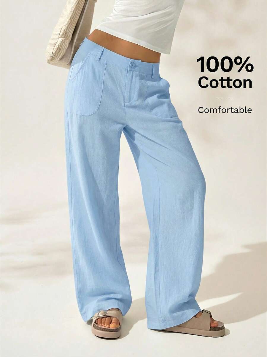 Easelle 2026 Summer Casual Solid Blue Loose Low-Waist Wide-Leg Pants - Blue - View 1