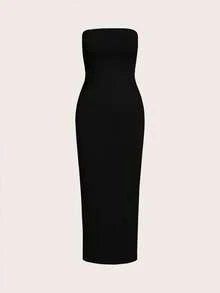 SHEIN PETITE CURVE CURVE Plus Size Women's Petite Black Strapless Bodycon Midi Dress,Elegant High-Waisted Autumn Outfits,Girlism Night Out Club Party Vacation - Black - View 7