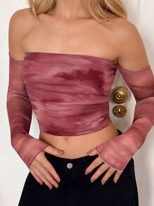 BiaLiraa Áo thun nữ tay dài hở vai lưới xuyên thấu Tye Die, trang phục thường ngày cho nữ, hở lưng gợi cảm, tay loe nhún bèo hở vai ôm vừa vặn nhiều màu trơn cho nữ, mùa xuân/thu, trang phục thường ngày thường ngày đi chơi mùa hè - Nhiều màu - Xem 3