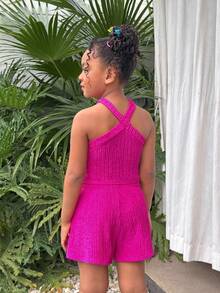 Young Girl Vacation Fuchsia Texture Halter Top And Shorts Set - Hot Pink - View 4