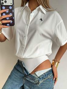 SHEIN EZwear 白色编织马术刺绣女士连体衣 - 白色 - 查看 8