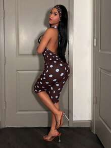 Slaydiva 新款春季、春夏音乐节、情人节、复活节休闲、简约基础风、Y2K街头风、甜美流行风、邮轮度假、日常约会、辣妹风、性感派对、吊带、系带、露背、收腰、褶皱紧身裤、七分裤、白色底、黑色波点连体裤、女士紧身连体裤 -A - 巧克力棕 - 查看 6