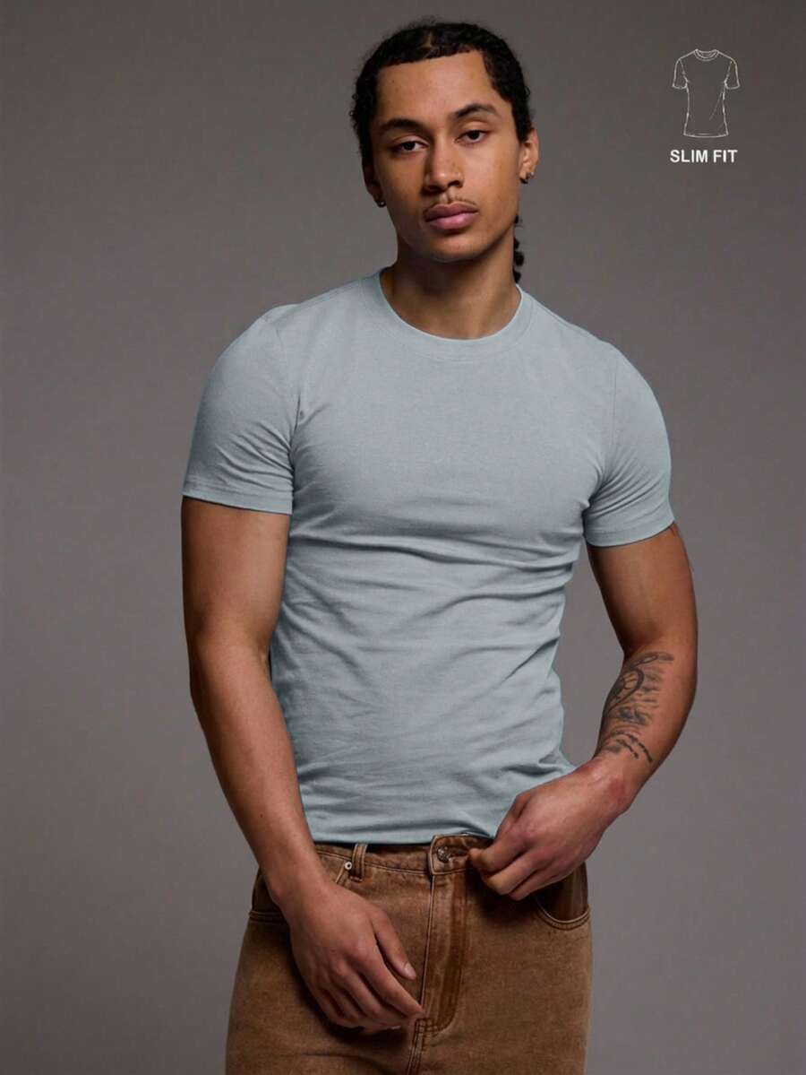 Musero Slim Fit Fitted Short Sleeve Basic Plain T-Shirt Capsule Wardrobe Spring&Summer - Baby Blue - View 1