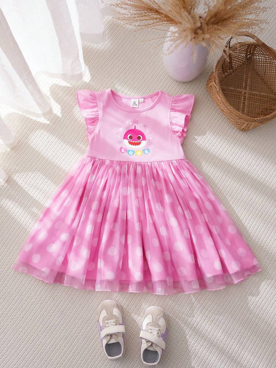 BABY SHARK X SHEIN Đầm hè chấm bi cổ tròn viền bèo nhún cho bé gái - - Hồng - Xem 1