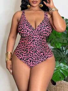 Slaydiva Plus Size Women 2pcs/Set Random Leopard Print Casual Swimwear Set Gym Summer - Multicolor - View 3