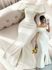 Elenzga Đầm nữ trễ vai thắt nơ xếp ly xẻ tà, chất liệu vải dệt họa tiết, kiểu đuôi cá, màu xanh lá cây, thích hợp cho du lịch, chụp ảnh, phong cách tối giản đa năng, mùa xuân/hè. - Màu be - Xem 1