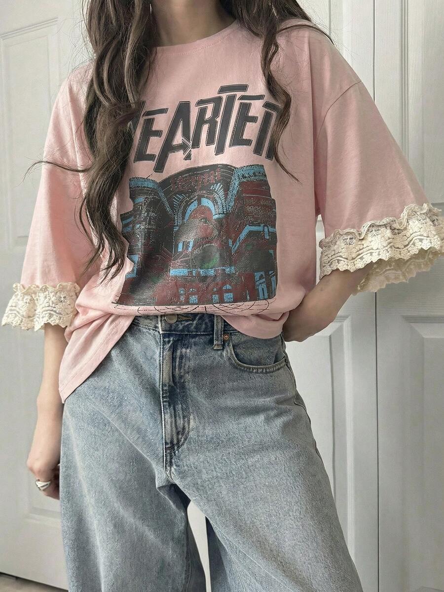 FRIFUL Women's Casual Loose Fit Letter Print Lace Patchwork Short Sleeve T-Shirt, Breathable Cotton Blend, Versatile For Spring/Summer Graphic Tees Women - Pink - View 1