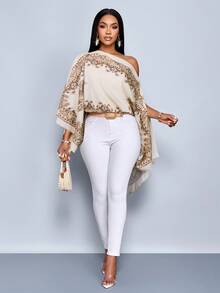 SOLERSUN Petite Women's One-Shoulder Shawl With Asymmetrical Hem, Paisley Pattern, Island Style, Music Festival,Spring/Summer Shirt. - Apricot - View 5