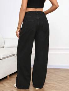 SHEIN Quần jeans bầu dáng rộng, màu trơn, thoải mái, thích hợp mặc hàng ngày đi làm, mùa hè, lễ hội, đi làm, nghỉ mát, tốt nghiệp, phong cách Y2K, dễ thương, thời trang đường phố, dự tiệc, đám cưới, thanh lịch - màu đen - Xem 2