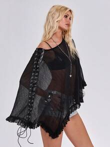 ROMWE Goth Y2K 性感镂空系带薄纱罩衫，防晒 - 黑色 - 查看 7