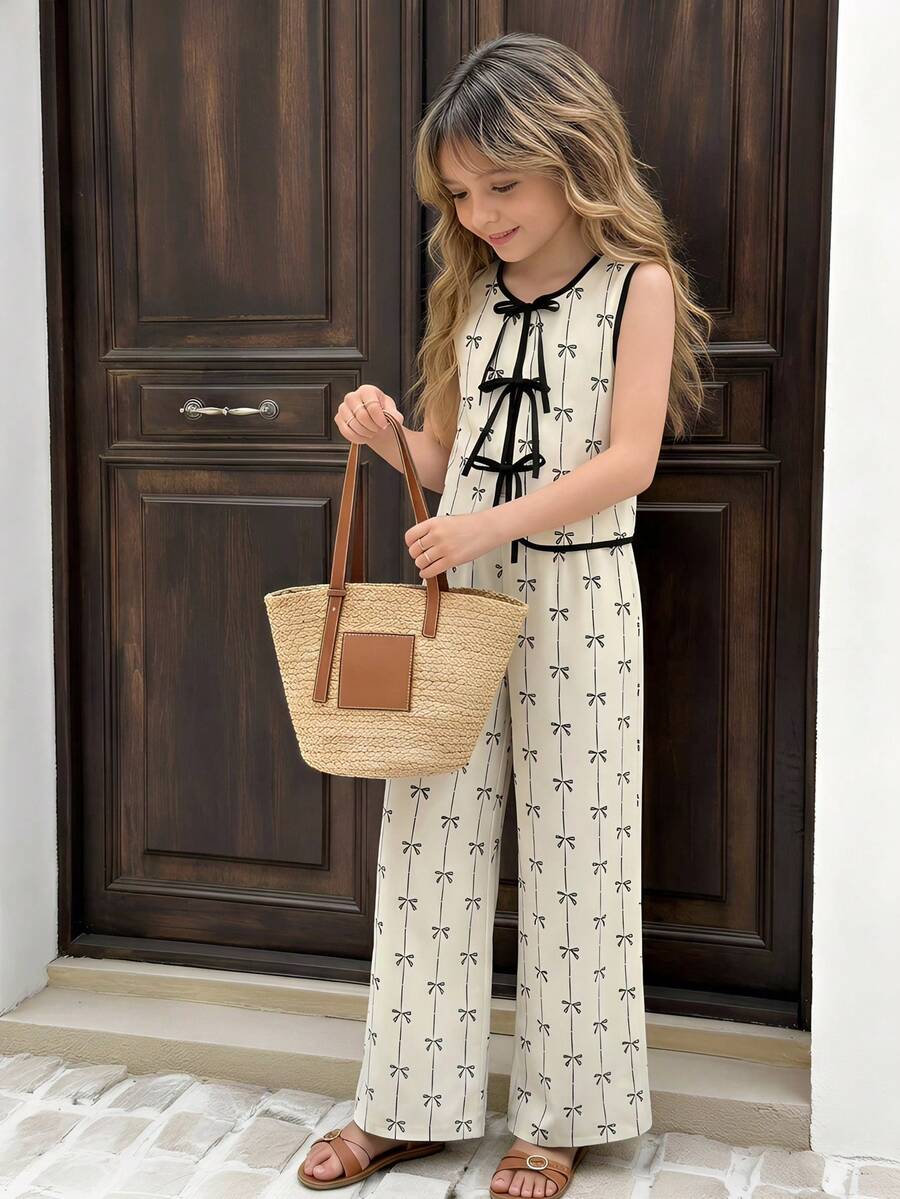 SHEIN Serisse Kids 少女蝴蝶印花撞色滚边蝴蝶结装饰无袖上衣和阔腿裤两件套 - 杏色 - 查看 1