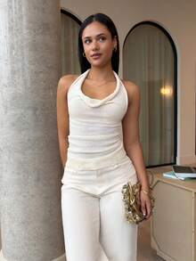 LHSEPT 新款女式亮片针织垂坠领上衣 - 杏色 - 查看 6