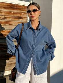 Áo khoác denim nữ dáng rộng, thoải mái, phong cách nghỉ dưỡng, có nơ, thích hợp cho mùa xuân và mùa hè. - Màu xanh lam - Xem 5