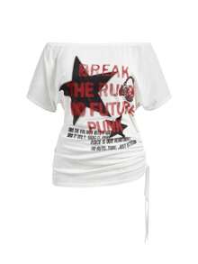 ROMWE Grunge Punk Plus Size Punk Pentagram Pattern Off Shoulder Loose Casual T-Shirt - White - View 1