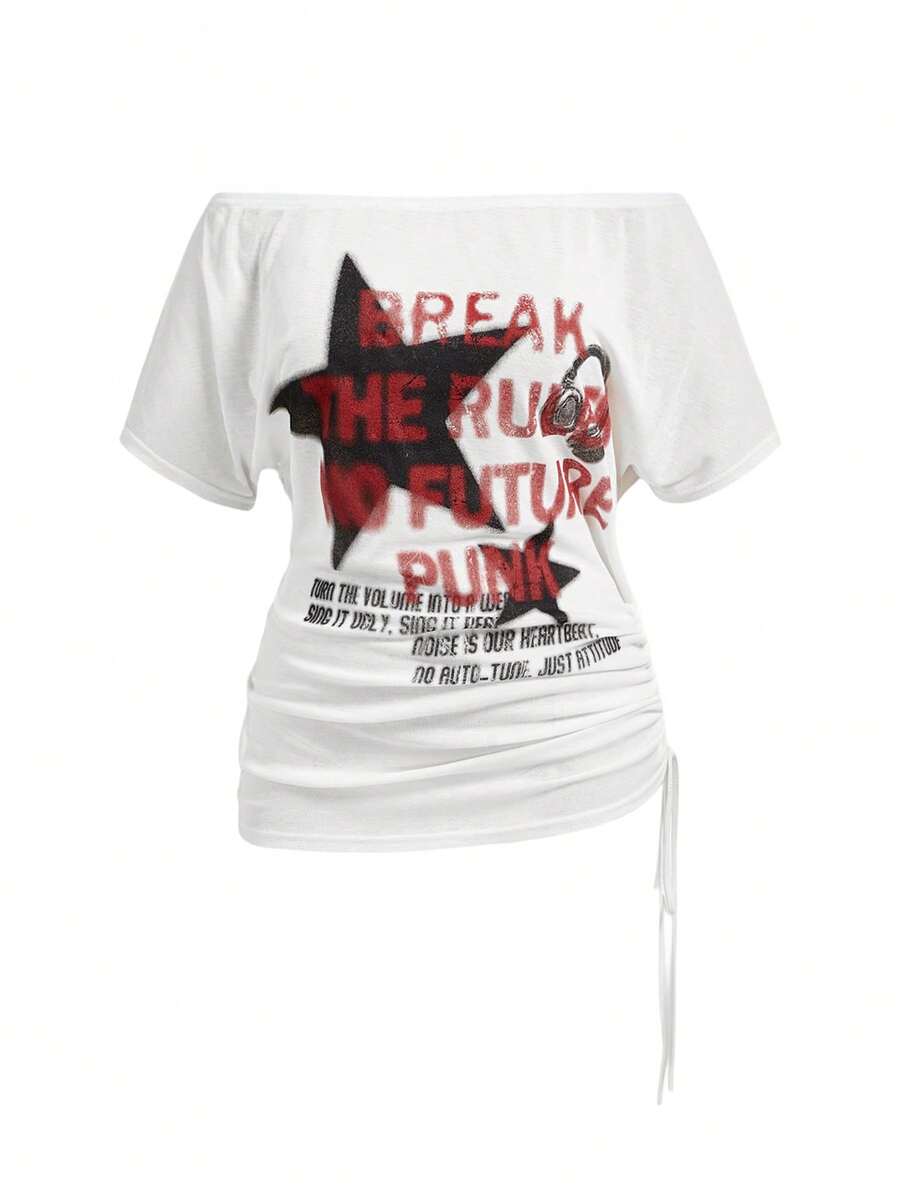 ROMWE Grunge Punk Plus Size Punk Pentagram Pattern Off Shoulder Loose Casual T-Shirt - White - View 1