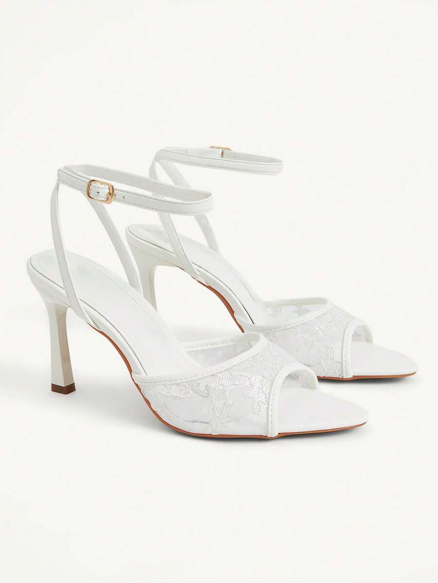 CUCCOO CHICEST 女士鞋履 春夏新款 白色蕾丝网面一体式露趾踝带高跟凉鞋 时尚舒适 百搭性感 派对优雅宴会 女士凉鞋 露趾凉鞋 - 蕾絲2號白 - 查看 1
