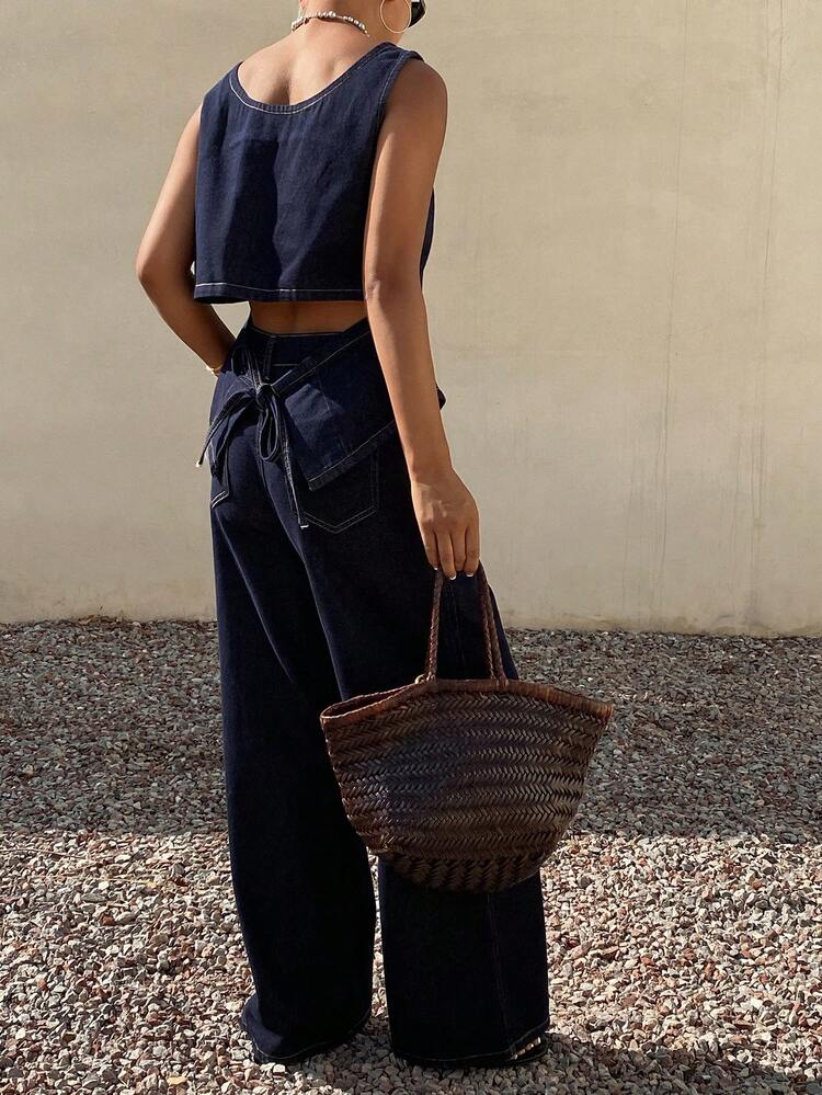 Spring & Summer Fashion Ruffled Splice Backless Tie-Up Vintage Washed Blue Sleeveless Top And Straight Leg Casual Pants Set, Loose Fit Business Casual Vacation Elegant Commute Outfit For Women