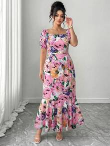 Elenzga Vestido de mujer de cuello cuadrado nuevo con estampado, mangas abultadas, bajo con cola de pez y ribete de volantes, diseño elegante adecuado para uso casual diario y vacaciones - Rosa - Ver 4