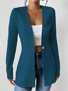 EMERY ROSE Women's Casual Textured Unlined Collarless Lightweight Long Sleeve Blazer - Mint Blue - View 5