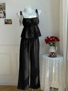 Comfortcana Plus Size 2 Pieces Set: Linen Ruffle Camisole And Wide Leg Pants, Casual Vacation Style, Spring/Summer, Comfortable Cotton Camisole And Long Pants 2 Pieces Set, Cotton 2 Pieces Set, Summer Clothing - Black - View 8