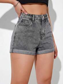 SHEIN Cottnline Women Denim Shorts Everyday Gray - 灰色 - 查看 4