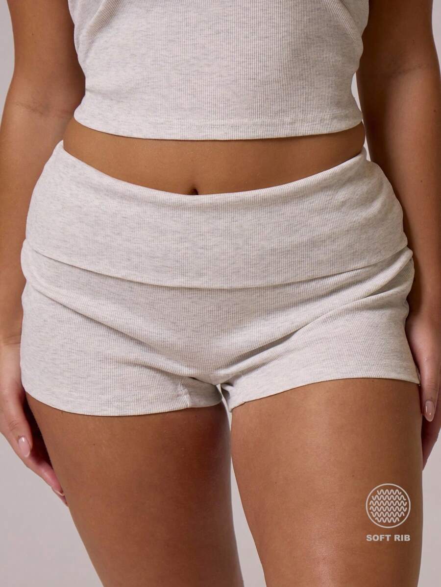 MUSERA Plus Size Ribbed Foldover Waist Fitted Mini Shorts Hotpants Everyday Essentials Basic Cute Casual Spring Summer Holiday - Grey - View 1