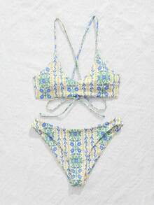 Swim Mod Women's Summer Beach Floral Print Sexy Bikini Set, Wireless - Pale Yellow - View 3
