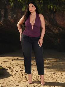 SHEIN BAE Plus Size Women's Dark Purple Classy Halter Tank Top,Summer Backless Ruched Top With Metal Button,Night Out Club Party Birthday Outfits 2026 - Purple - View 9
