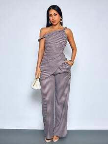SOLERSUN Women's Chic Striped Asymmetrical Shoulder Twist Asymmetrical Hem Blouse & Wide Leg Pants With Pockets For Daily & Office, Striped Asymmetrical Two Pieces Set - Brown - View 3