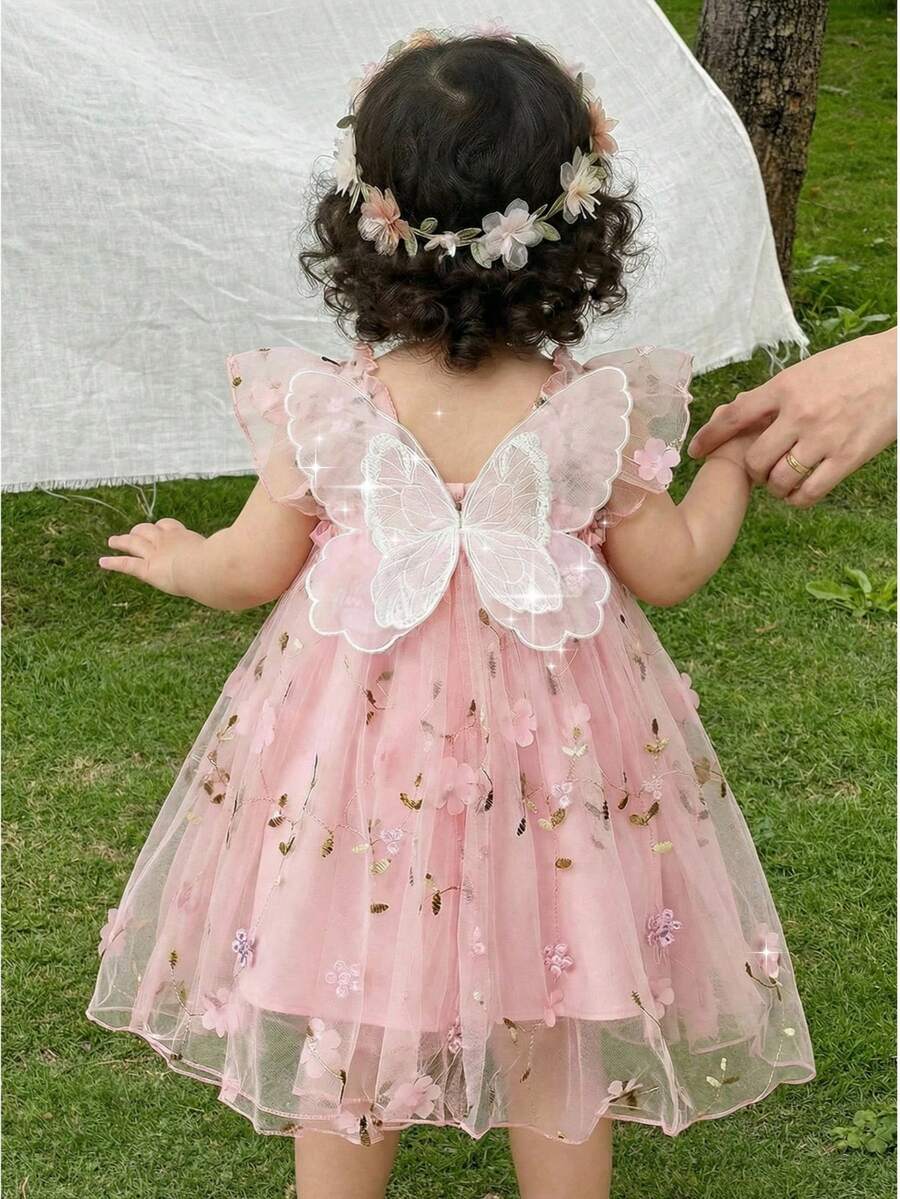 LMoss Kids Đầm dệt kim màu trơn cổ vuông xếp nếp thêu họa tiết cho bé gái - Hồng - Xem 1