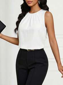 SHEIN Lady 女士圆领无袖衬衫、无袖上衣 - 白色 - 查看 4