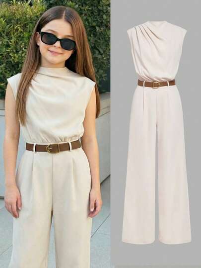 SHEIN Serisse Kids Tween Girl Elegant Sleeveless Belted Jumpsuit