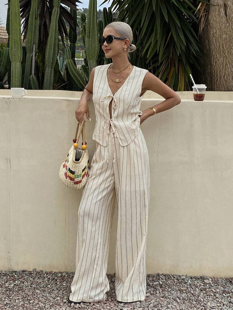Spring & Summer Casual Vacation Striped Sleeveless Top And Loose Straight Leg Pants 2 Pieces Set For Women Lounge Sets For Women