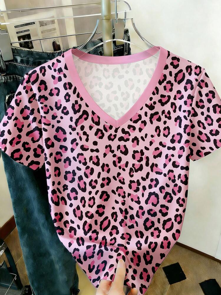 Camiseta casual de manga corta con cuello en V y estampado de leopardo, talla grande, para primavera y verano - Multicolor - Añade 1
