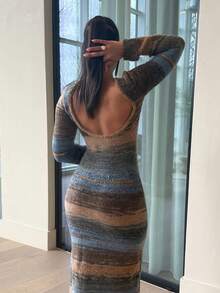 LHSEPT 女式新款秋冬百搭复古条纹针织紧身连衣裙，性感露背长袖修身长款针织连衣裙 - 紫色 - 查看 2