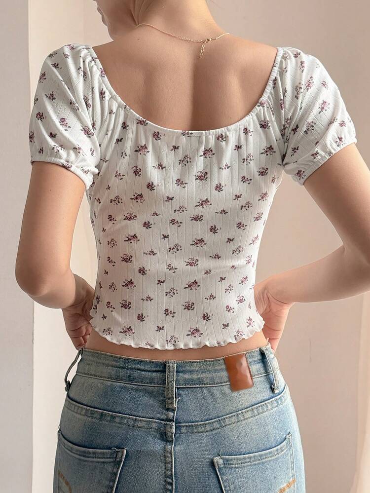 Women's White Round Neck Frill Trim Fitted T-Shirt, Summer Vacation Outfit