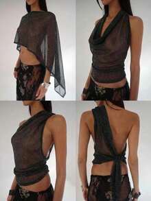 SHEIN EZwear Áo kiểu nữ màu đen lưới, vạt áo bất đối xứng, vai lệch, chất liệu xuyên thấu. - màu đen - Xem 1