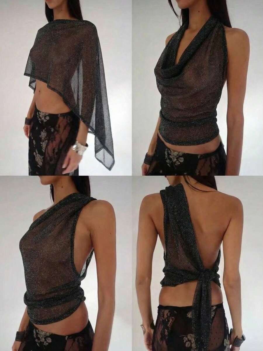 SHEIN EZwear Áo kiểu nữ màu đen lưới, vạt áo bất đối xứng, vai lệch, chất liệu xuyên thấu. - màu đen - Xem 1