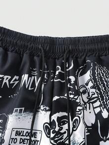 ROMWE MEN Street Life Men's Printed Woven Shorts, Suitable For Spring And Summer - Black - View 2
