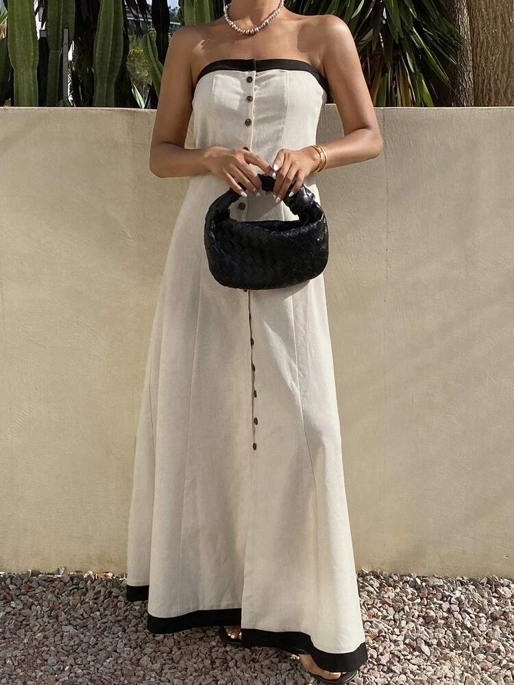 Women's Patchwork Contrast Color A-Line Button Decor Dress, Vacation & Beach Style, Spring/Summer