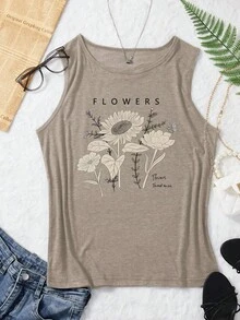 EMERY ROSE Áo ba lỗ in hoa thường ngày cho phụ nữ mặc hàng ngày vào mùa xuân/hè Áo phông họa tiết hoa hướng về phía mặt trời dành cho nữ - Màu Khaki - Xem 3