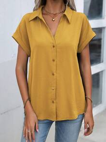 EMERY ROSE Women's Solid Color Single-Breasted Casual Versatile Daily Wear Shirt - Yellow - View 5