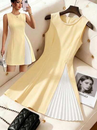 SHEIN Elenzya Đầm nữ mùa hè màu trơn phối vải, cổ xếp ly, đính ngọc trai, thiết kế cao cấp thanh lịch, thích hợp làm quà sinh nhật, hẹn hò, dự tiệc, ngày Quốc tế Lao động, tựu trường, lễ hội âm nhạc, họp mặt, công sở, du lịch, mặc dạo phố, đầm hè.