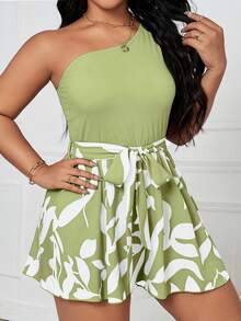 Elenzga Bộ áo liền quần dáng rộng, không tay, in họa tiết tương phản, cỡ lớn, thích hợp cho mùa hè. - màu xanh lá - Xem 5