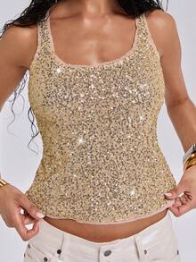 ROMWE Y2K复古锐舞音乐节亮片修身露脐女式上衣 - 金色 - 查看 11